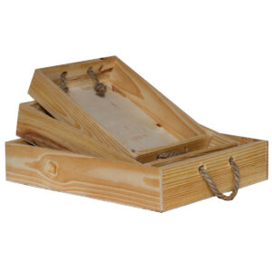S/3 Wooden Rectangle Tray w/Rope - Lg: 43cmL x 34.5cmw x 8.5cmH / Natural -1