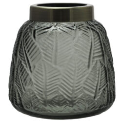 005-393 Grey Glass Vase with Leaf Pattern & Antique Gold Trim