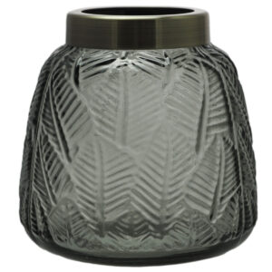 005-393 Grey Glass Vase with Leaf Pattern & Antique Gold Trim