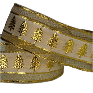 Metallic Christmas Tree Ribbon (Wired edge) - 38mm x 9.1m / Gold/White