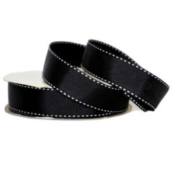 Grosgrain Stitch Ribbon - 25mm x 25mtr / Black w/White Stitching