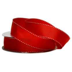 Grosgrain Stitch Ribbon - 25mm x 25mtr / Red w/White Stitching
