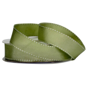 Grosgrain Stitch Ribbon - 25mm x 25mtr / Sage w/White Stitching
