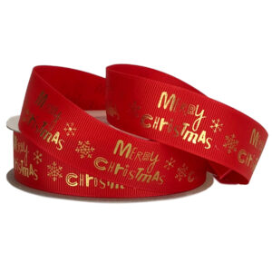 Grosgrain w/Metallic Christmas Print - 25mm x 22.8mtr / Red