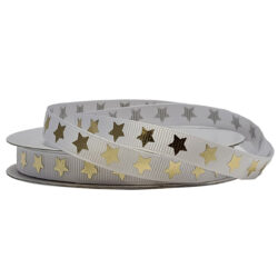 Grosgrain with Metallic Stars - 10mm x 25mtrs / White with Gold