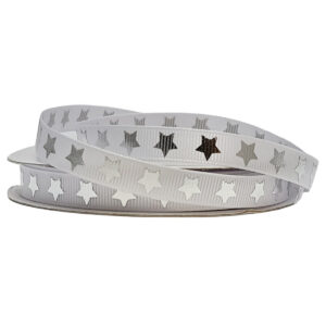 Grosgrain with Metallic Stars - 10mm x 25mtr / White with Silver