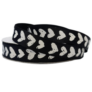 Grosgrain with Hearts - 16mm x 25mtr / Black with White Hearts