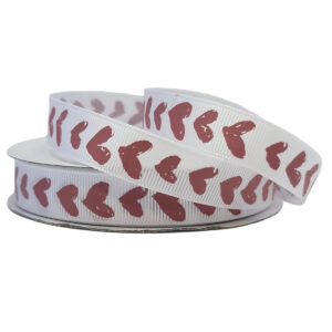 Grosgrain with Hearts - 16mm x 25mtr / White with Dusty Rose Hearts