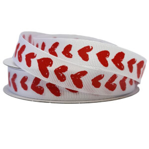 Grosgrain with Hearts - 16mm x 25mtr / White with Red Hearts