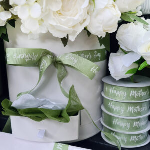 Grosgrain Ribbon w/Happy Mother's Day - 25mm x 25m / Sage with White Print -1