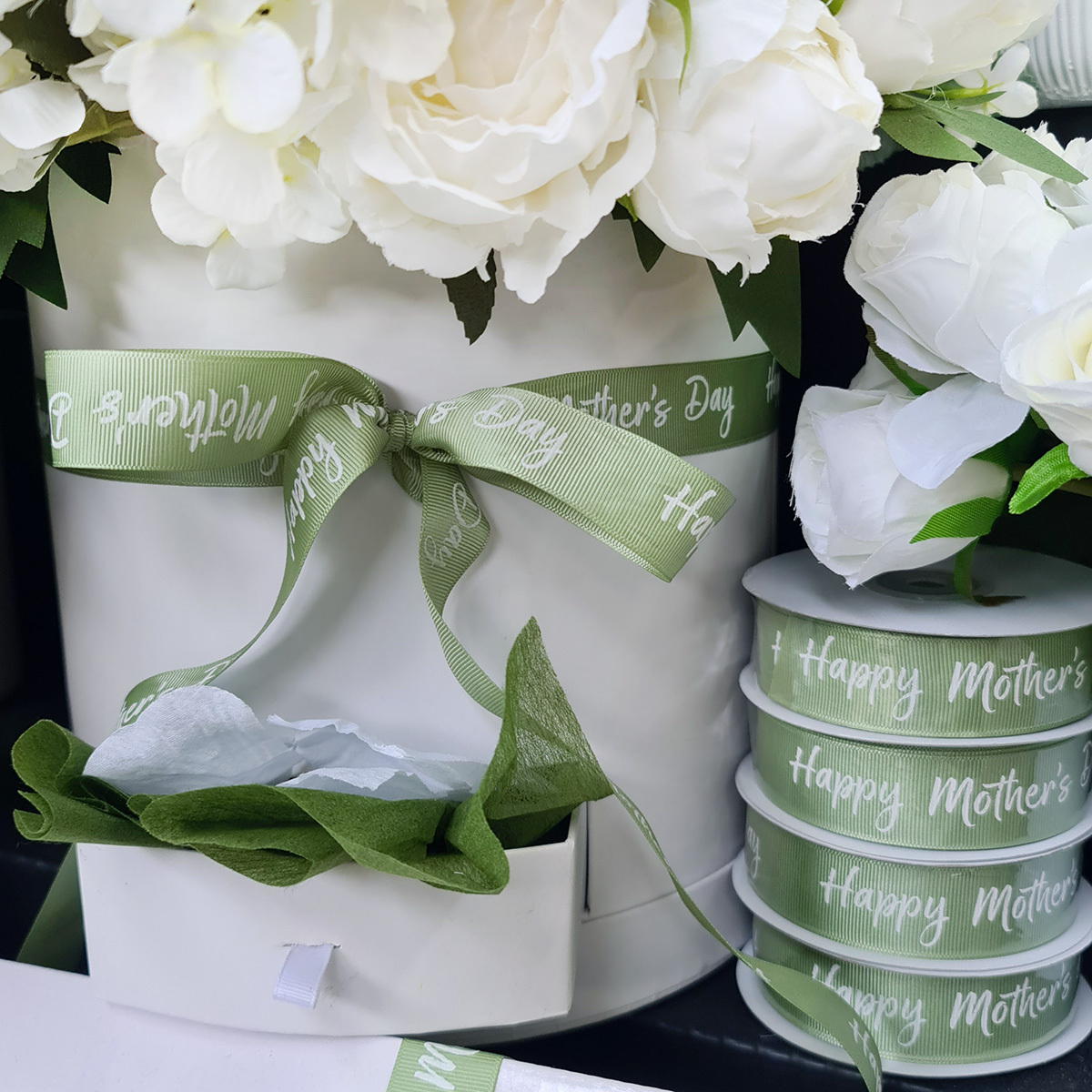 Grosgrain Ribbon w/Happy Mother's Day - 25mm x 25m / Sage with White Print -1