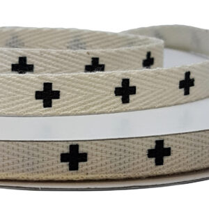 Cotton "Cross Design" Herringbone Ribbon - 10mm x 25mtrs / Natural with Black -1