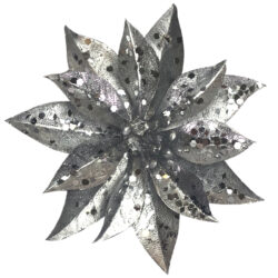 Clip on Shimmer Poinsettia Pick x 12pcs - 10cmD / Silver