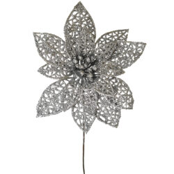 Glitter Poinsettia Flower Pick x 12pcs - 14cmD / Silver