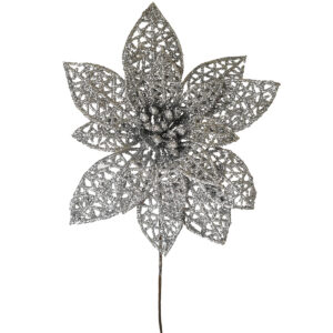 Glitter Poinsettia Flower Pick x 12pcs - 14cmD / Silver