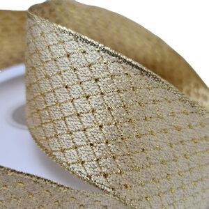 Diamond Design Woven Metallic Ribbon w/Wired Edge - 38mm x 22.8mtrs / Gold
