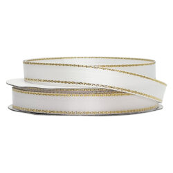 Double Face Satin Ribbon w/Metallic Edge (Pk/10 rolls) - 9mm x 5mtr / White w/Gold Edge