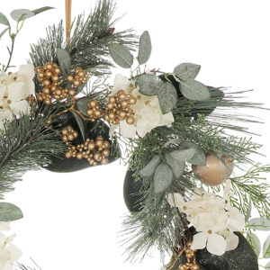 Mosman Hydrangea/Pomegranate Wreath - 55cmD / Green, Gold & White -1