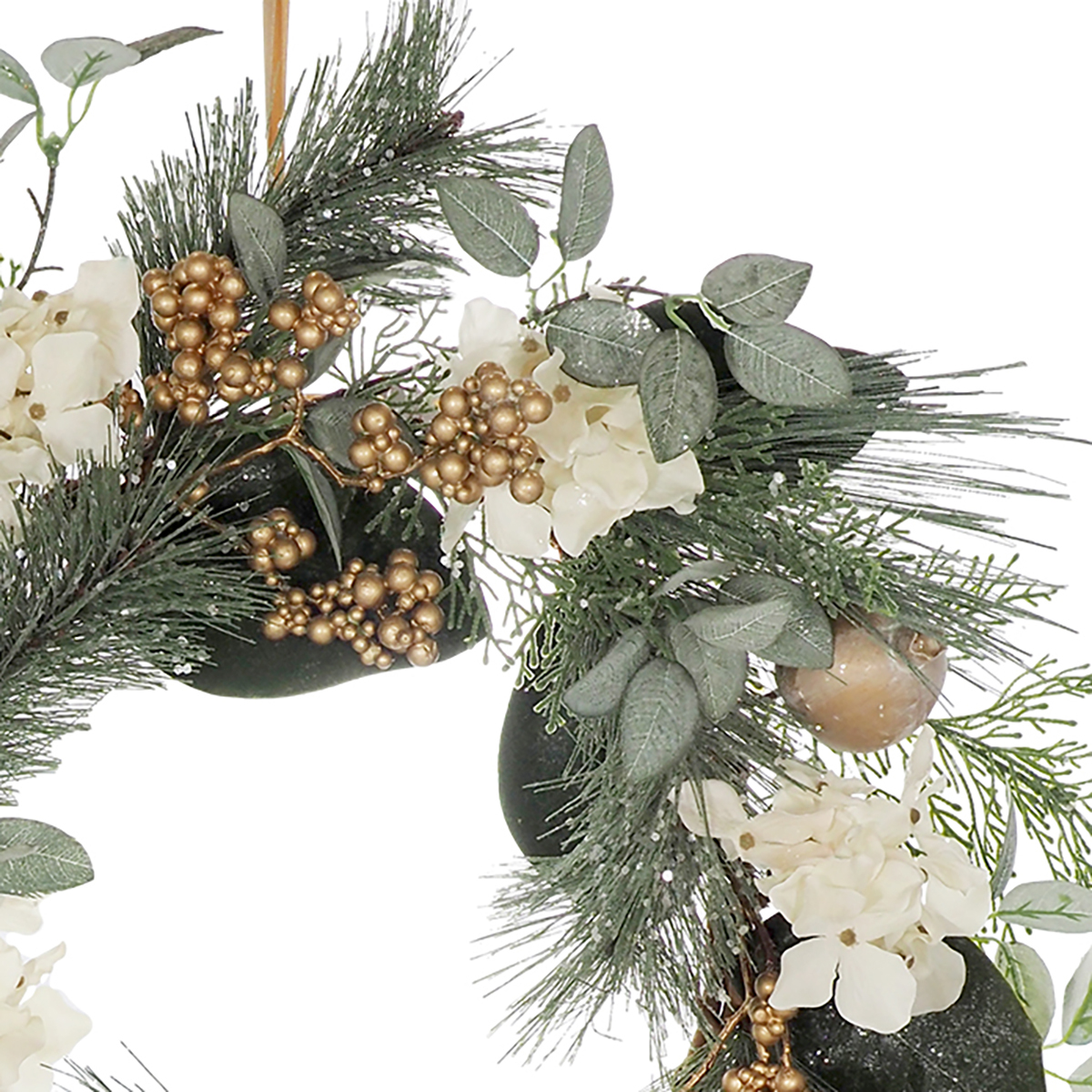 Mosman Hydrangea/Pomegranate Wreath - 55cmD / Green, Gold & White -1