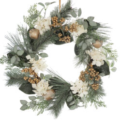 Mosman Hydrangea/Pomegranate Wreath - 55cmD / Green, Gold & White -1