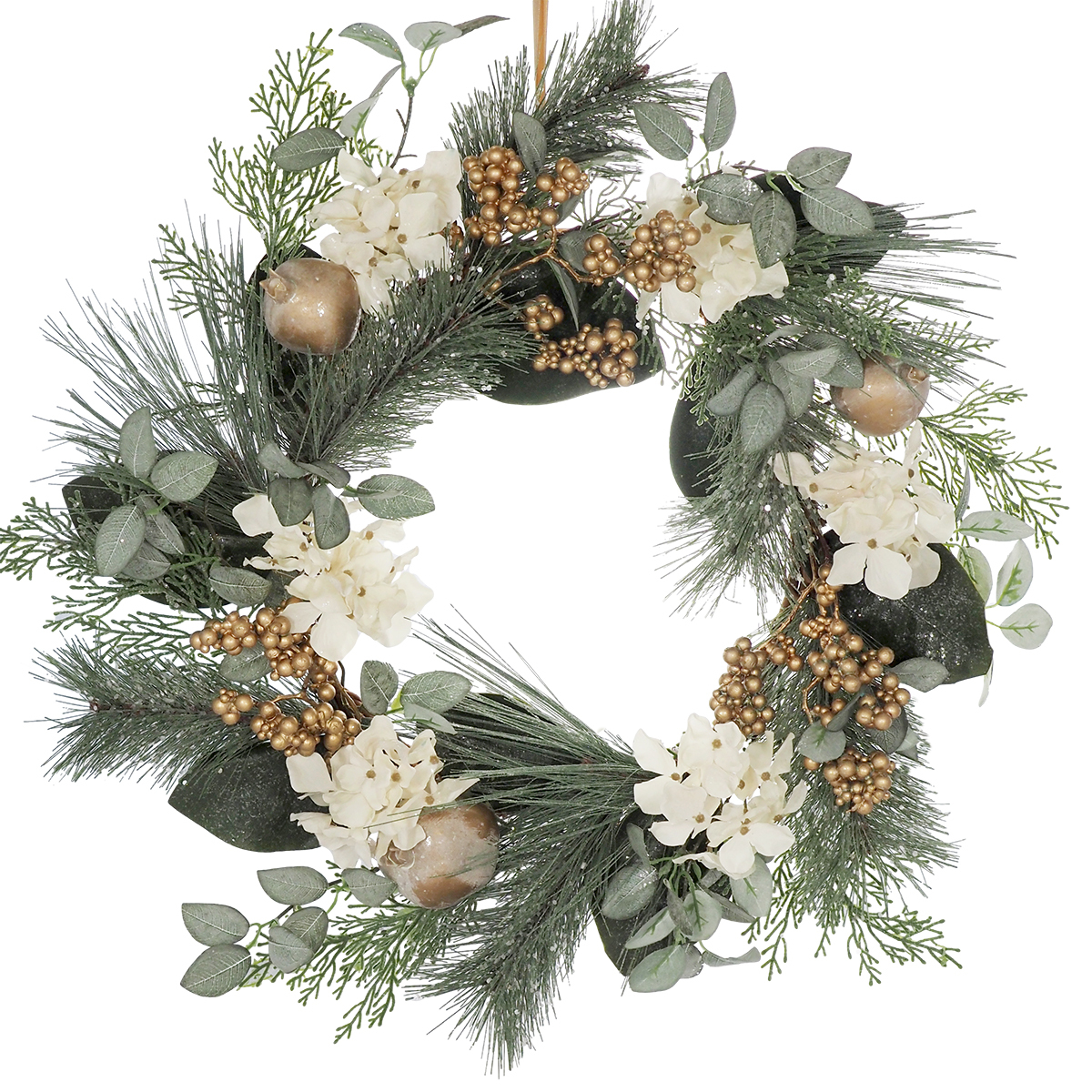 Mosman Hydrangea/Pomegranate Wreath - 55cmD / Green, Gold & White -1