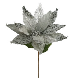 Narnia Velvet Poinsettia Stem with Glitter - 68cmL / Iron Silver -1