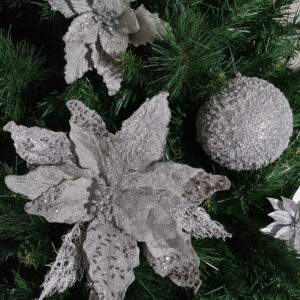 Narnia Velvet Poinsettia Stem with Glitter - 68cmL / Iron Silver -1
