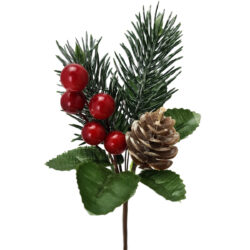 Christmas Snow Red Berry / Pine Pick x 12pcs - 16cmL -1
