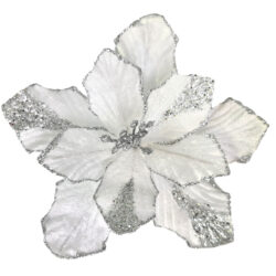 Velvet Poinsettia w/Clip - 15cm / White & Silver -1