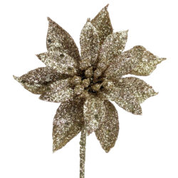 Solid Glitter Poinsettia Pick x 12 pcs - 9cmD / Champagne -1