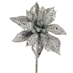 Solid Glitter Poinsettia Pick x 12 pcs - 9cmD / Silver -1