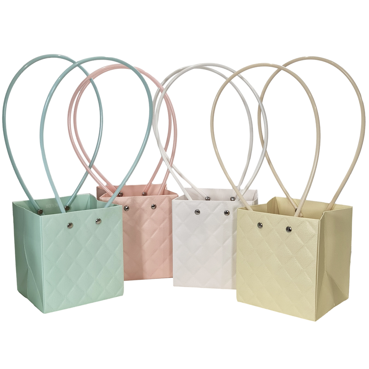 Square Quilt Laminated Cardboard Flower Bag - 11.5cm x 11cm x 13cmH / White - Image 2
