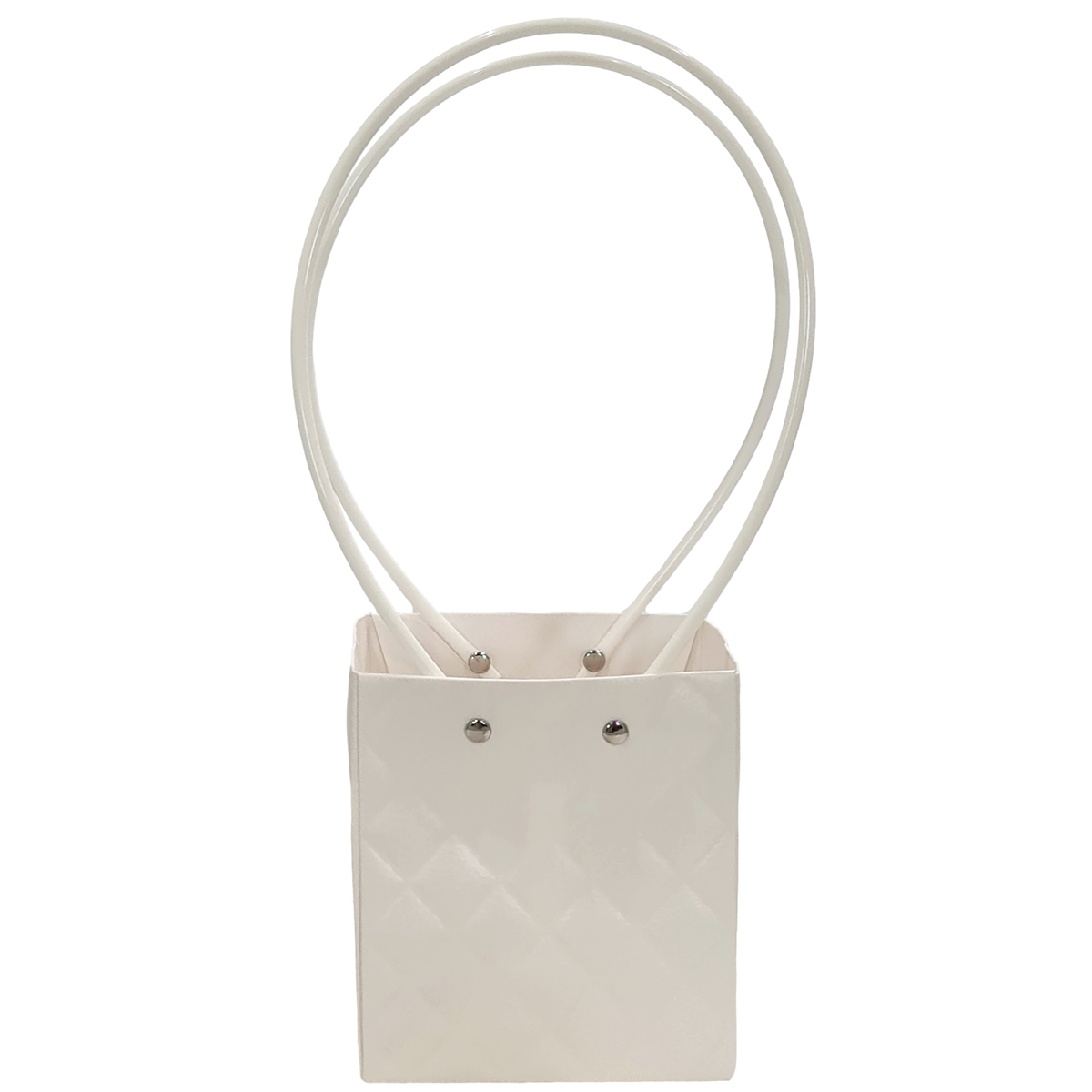 Square Quilt Laminated Cardboard Flower Bag - 11.5cm x 11cm x 13cmH / White