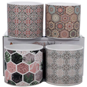 Set of 4 Patterned Ceramic Pots / Pink/Green tones -1
