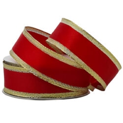 Red Satin Ribbon w/Gold Metallic Wired Edge - 25mm x 15mtr