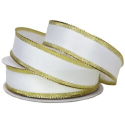 White Ribbon w/Gold Metallic Wired Edge - 25mm x 15mtr