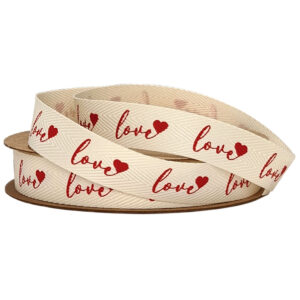 Herringbone Ribbon with Love Print - 15mm x 15mtr / Natural with Red Print