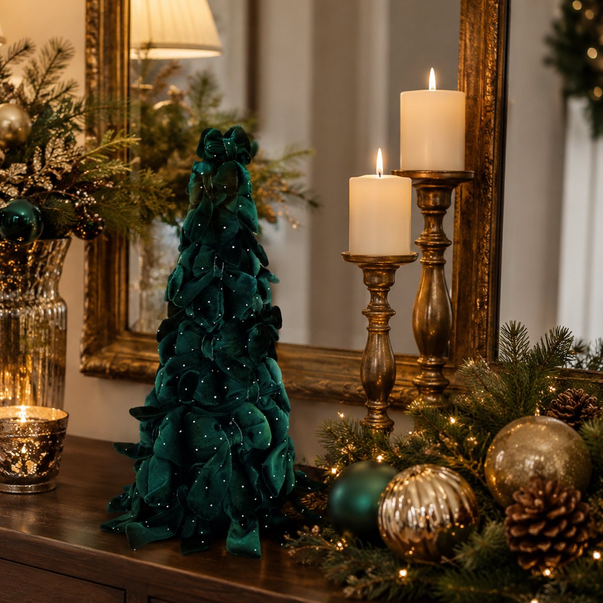 Velvet Bow Christmas Tree - 37cmH / Dark Green - Image 2