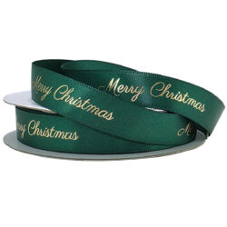 Merry Christmas D/F Satin Ribbon - 15mm x 25m / Hunter green
