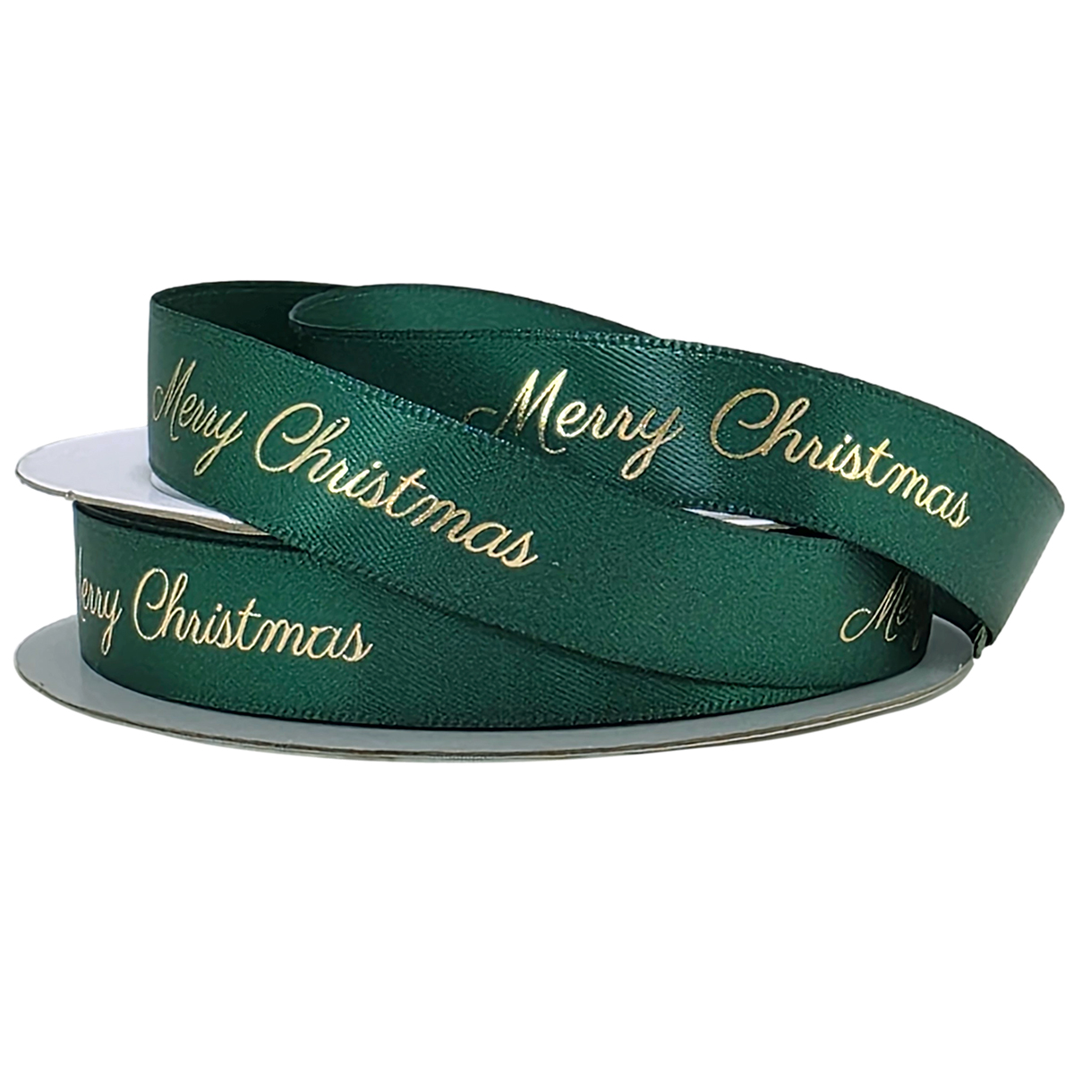 Merry Christmas D/F Satin Ribbon - 15mm x 25m / Hunter green