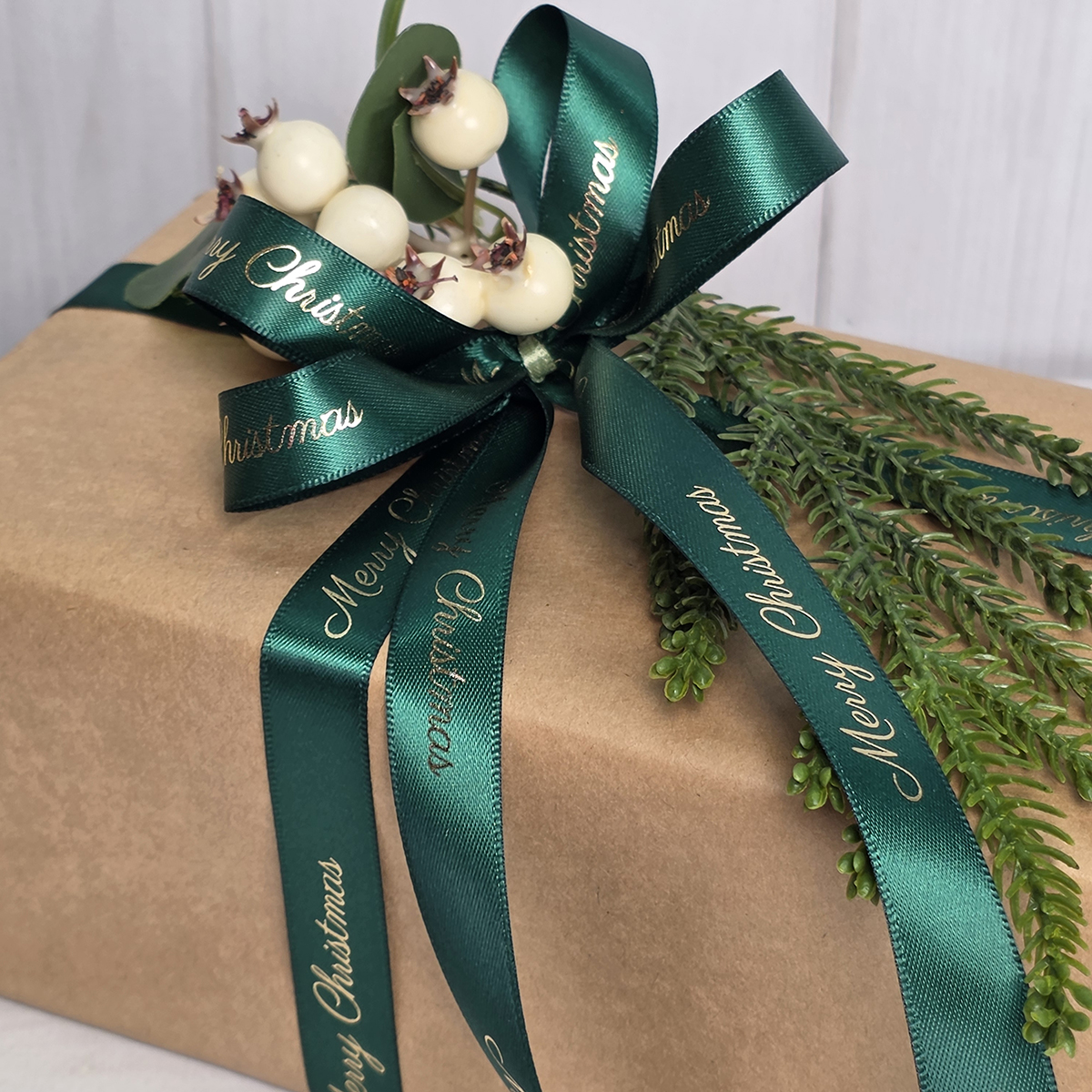 Merry Christmas D/F Satin Ribbon - 15mm x 25m / Hunter green - Image 2