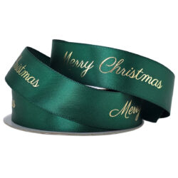 Merry Christmas D/F Satin Ribbon - 25mm x 25m / Hunter Green
