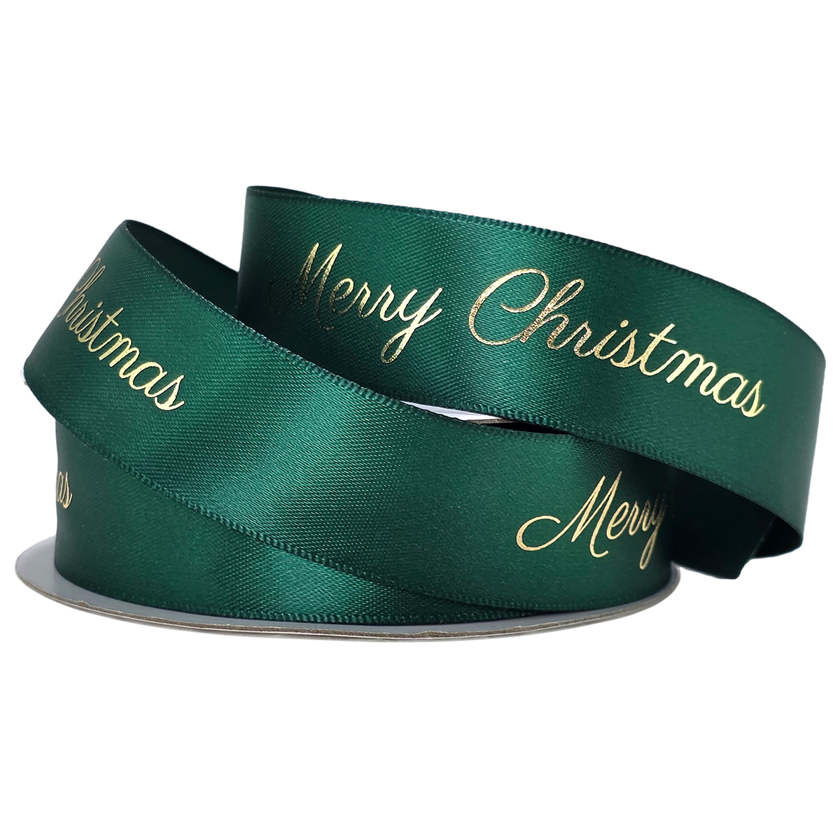 Merry Christmas D/F Satin Ribbon - 25mm x 25m / Hunter Green